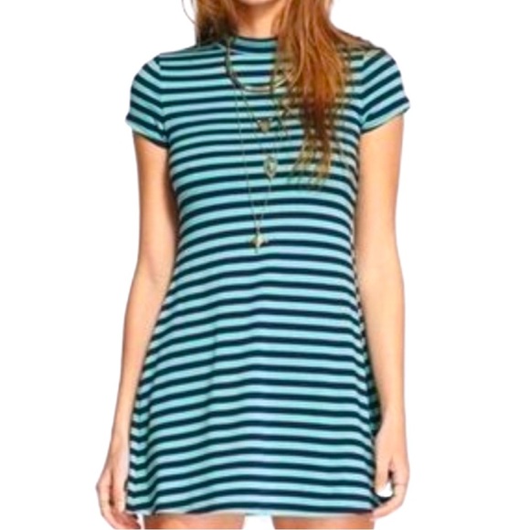 FREE PEOPLE Beach Striped Dress Navy Multi Knit Cover Up Short Sleeves Casual - Picture 2 of 14
